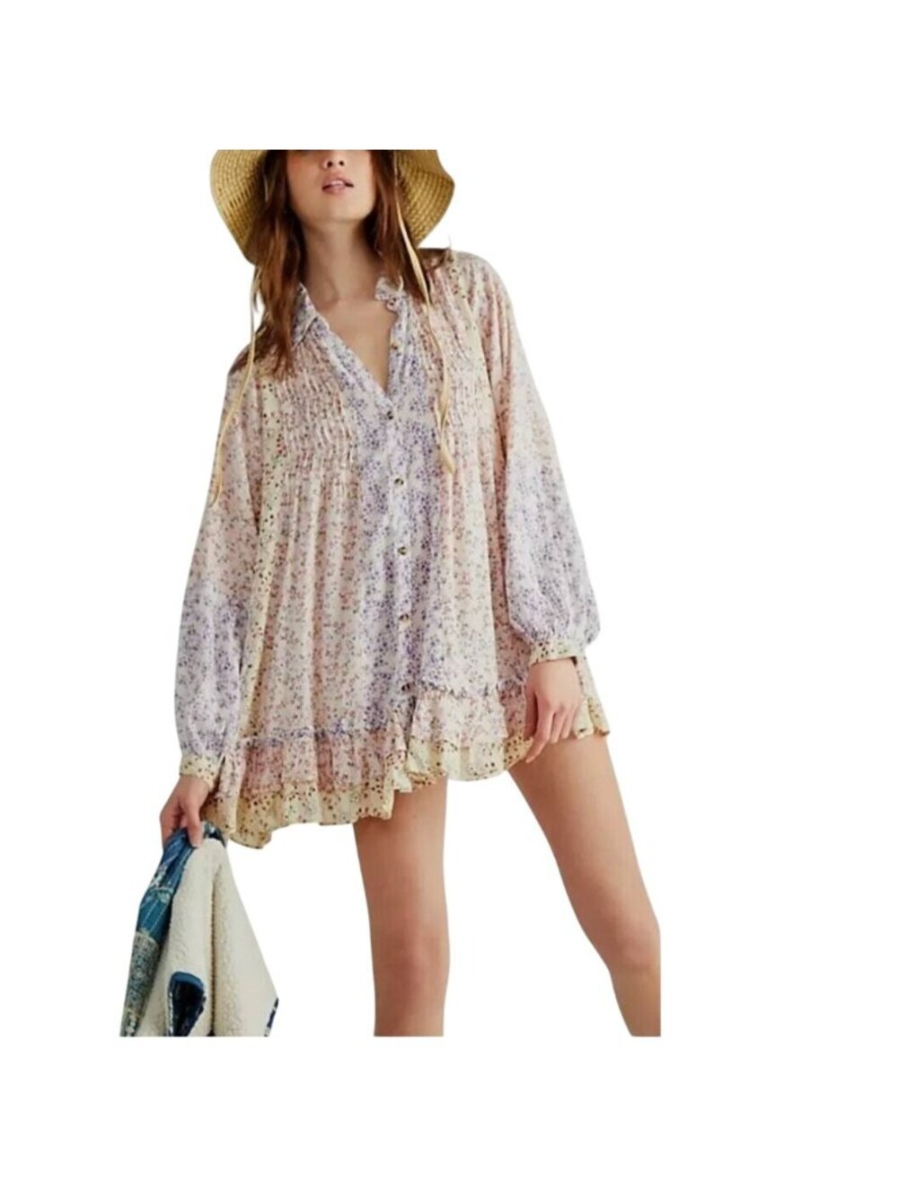 Free People Womens Size S Tunic Mini Dress Lost in You Floral Babydoll Cottage